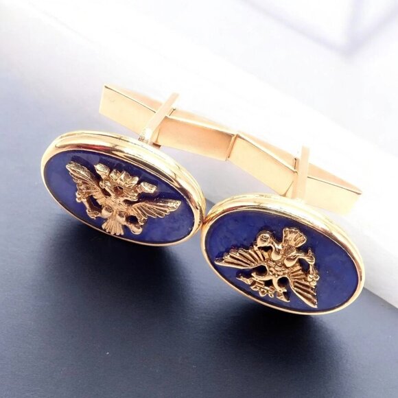 Authentic! Franklin Mint Faberge Imperial Eagle 14k Yellow Gold Lapis Cufflinks - Picture 2 of 9
